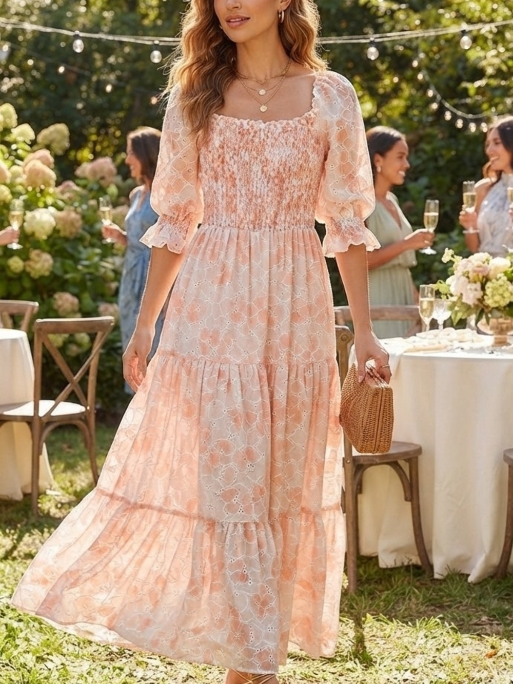 Baltic Born Peach Eyelet Smocked Maxi Dress